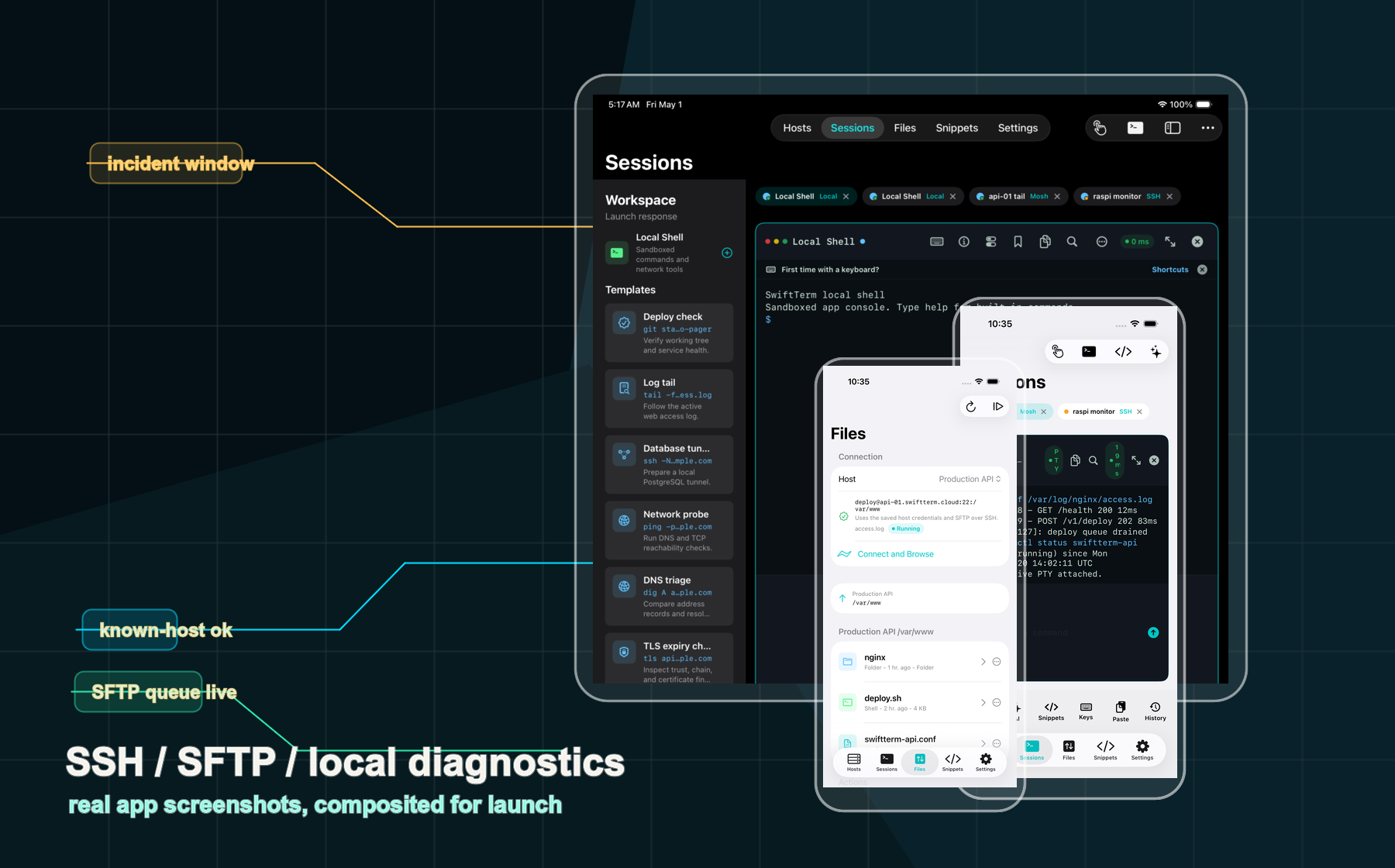 SwiftTerm iPad and iPhone screenshots composited into a mobile command center scene
