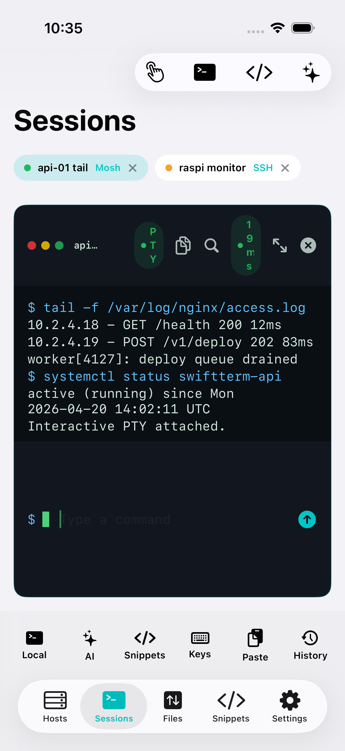SwiftTerm iPhone terminal sessions screen